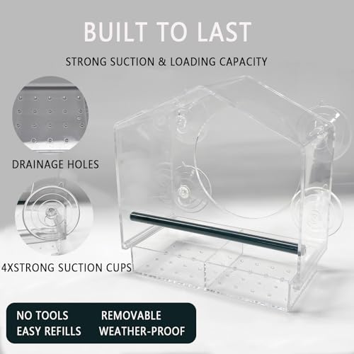 Window Bird Feeder with Strong Suction Cups （Large House） | Detachable Seed Tray (Built-in Drain Holes), Durable Acrylic Birdfeeder for Outdoor Garden, Ideal for Bird Watching Lovers - style: Large House