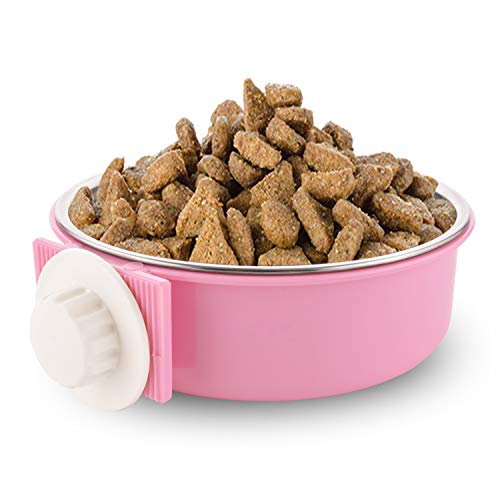 Crate Dog Bowl Removable Stainless Steel Water Food Feeder Bowls Cage Coop Cup for Cat Puppy Bird Pets (Large, Pink) - color: Pink, size: Large
