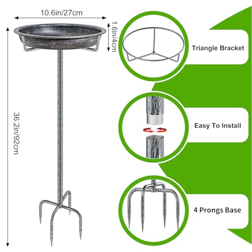 Metal Bird Bath for Outdoors Garden Birdbath Bowl, 36.2" Height Freestanding Bird Feeders for Outside with 4 Prongs Base Stake, Standing Birdfeeders for Yard Lawn Decor (Retro Silver) - color: Retro Silver