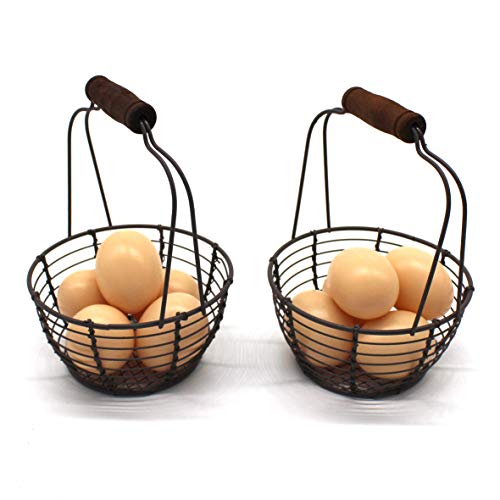 Metal Wire Mini Egg Baskets Rust Gathering Baskets with Wooden Handle Country Vintage Style Storage Baskets. Set of 2