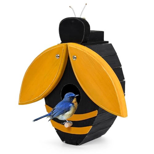 Bee Shaped Wooden Birdhouse - Handmade Bird Houses for Outside - Cute Bee Design for Garden Decoration