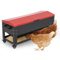 120LB Large Metal Chicken Feeder Box, Galvanized Steel | Automatic Poultry Feeding, Waterproof Red Lid, Brake Casters, Portable Handles, For Chickens, Ducks, Geese, Hens, Roosters