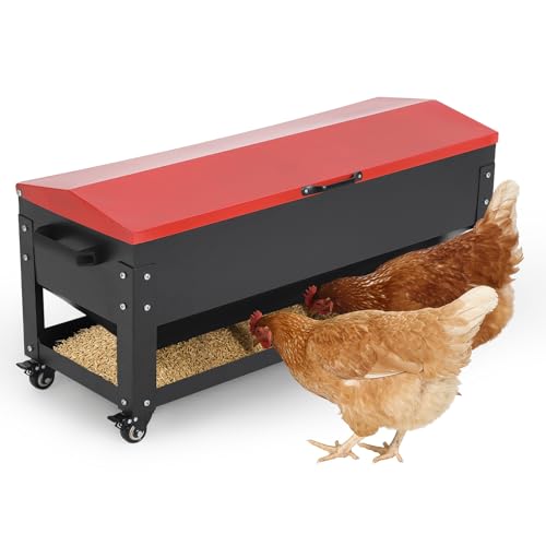 120LB Large Metal Chicken Feeder Box, Galvanized Steel | Automatic Poultry Feeding, Waterproof Red Lid, Brake Casters, Portable Handles, For Chickens, Ducks, Geese, Hens, Roosters