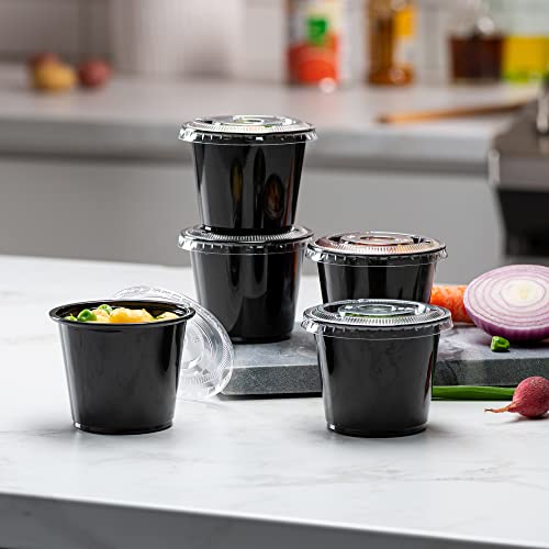 (4 oz - 100 Sets) Black Diposable Plastic Portion Cups With Lids, Small Mini Containers For Portion Controll, Jello Shots, Meal Prep, Sauce Cups, Condiments, Medicine, Dressings, - color: Black, size: 4 Ounce
