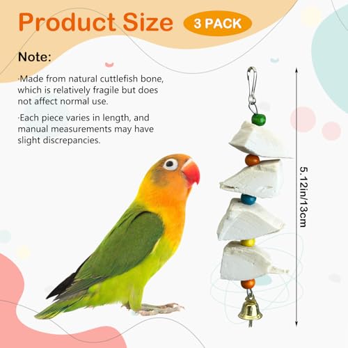 3 Pack Bird Chewing Toy Cuttlebone Parrot Toy with Bell Hanging Bird Beak Grinding Stone Parakeet Cage Accessories for Small Budgies Lovebirds Cockatiels (Block, 4 Per Skewer) - size: 4 Blocky