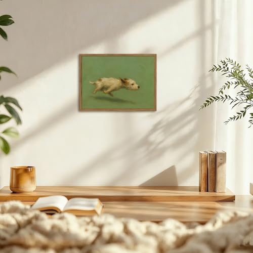 Funny Dog with Zoomies Wall Art Cute Terrier Dog Running Wall Decor Picture Vintage Animal Poster Canvas Painting Print Cute Pet Artwork for Living Room Bedroom 12x16 inch Wood Framed - color: Animal -Q, size: 16"L x 12"W