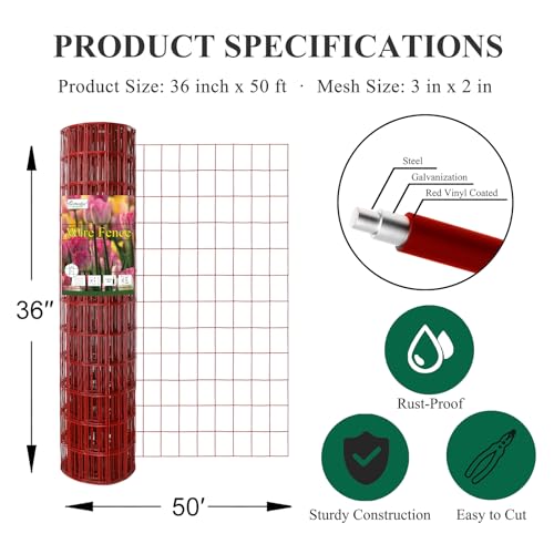Red PVC Coated Welded Wire Fence 36" x 50' Roll, 2"x3" Mesh, 16 Gauge | Vinyl Coated Garden Fencing, Yard & Pet Barrier, Chicken Wire Fencing, Dog Enclosure Mesh, Vegetable Plant Protector - color: Red, size: 2''x3'' 16GA 36''x50'