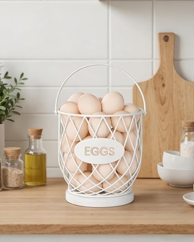 Chicken Egg Basket for Gathering Fresh Eggs, Wire Egg Collecting Basket | Metal Handle, Wooden Base, Round Egg Holder Countertop, Vintage Farmhouse Kitchen Decor, Fruit Storage, White - color: White