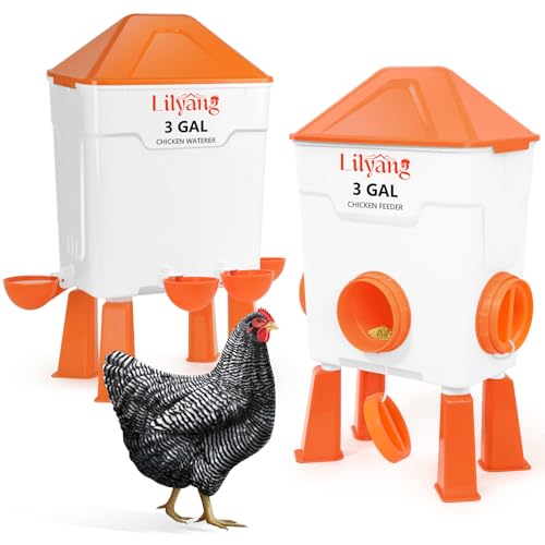 Lilyang Chicken Feeder and Waterer Set 3 Gallon, End Coop Mess | Anti-Spill Ports (3.5") & Stay-Clean Cups (2.75"), Automatic No-Waste Poultry Feeder, No-Tools Assembly - color: Tangerine