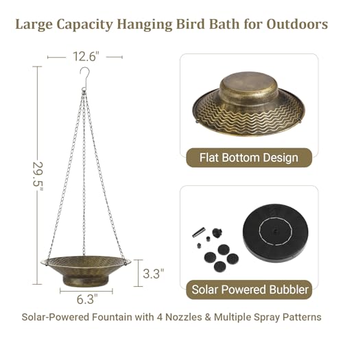12.6" Hanging Solar Bird Bath Metal for Outside Gold | Hanging Bird Bath with Solar Fountain, Hanging Birdbath Bubbler for Outdoors Backyard Patio Garden Decor - color: Gold
