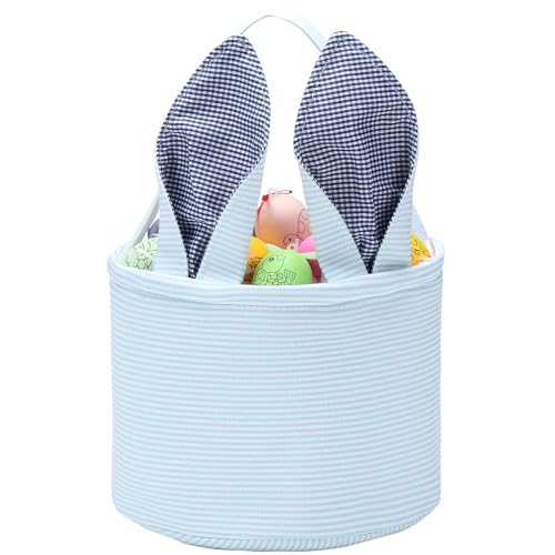 Easter Basket Easter Egg Hunting Basket Easter Bunny Basket Candy Egg Basket Gift Buckets Seersucker Egg Basket Bags for,Personalized Bags - color: C-Blue