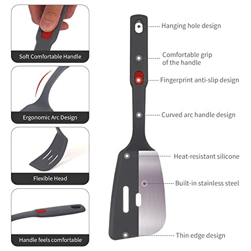 Flexible Silicone Spatula Set For Nonstick Cookware Rubber Silicone Bpa-Free Heat Resistant Heavy Duty Kitchen Turner Large,Slotted Flipper And Small Spatulas For Egg Fish Pancake Cookie (Grey)
