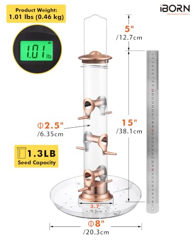 iBorn Bird Feeders Seed Catcher for Outside Hanging 6 Port Bird Feeder for Cardinal Birds Aluminium Metal,Brushed Copper Finishing 14 Inch 6 Port (Seed is not Included) - color: Brushed Copper, 14 inch, 6 Ports