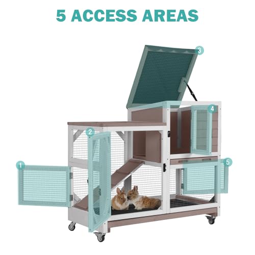 Rabbit Hutch Indoor for 2-4 Rabbits & Guinea Pigs，Bunny Cage with Slide-Out Plastic Trays，Wooden Small Animal Cage for Rabbits, Bunnies, and Guinea Pigs - color: (Brown-AIR7013)