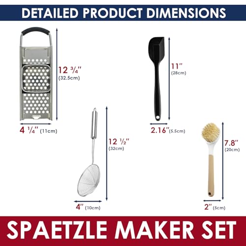 Premium Grade Stainless Steel Spaetzle Maker with Comfort Grip Handle, Stainless Steel Spider Strainer Skimmer Spoon with Cleaning Brush, Homemade German Egg Noodle Dumpling Making Tool Set