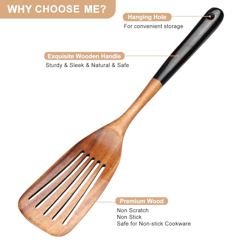 Wooden Spatula Set for Cooking Spoon Non Toxic Teak Kitchen Utensils Turner | Flat Wood Wok Spatula Bamboo Spoon for Cooking Utensil Set Spurtle Scraper Slotted Pancake Turner Fish Egg Flipper Spatulas - color: 2Pcs-Black