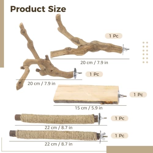 5 Pcs Natural Wood Bird Perch Set, Paw Grinding Standing Branches Hemp Rope Platform Comfort Cage Accessories for Small Parrots Budgies Cockatiels