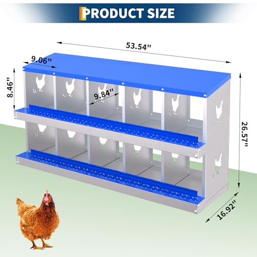 GarveeLife Chicken Nesting Box, 10 Compartment Galvanized Steel Chicken Laying Boxes, Nesting Boxes for Chickens, Easy Egg Collection for Chicken Coop, Backyard, Farms, Blue