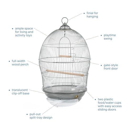Prevue Pet Products Sonata Round Metal Birdcage - Gray | Ideal for Tabletop or Hanging Stand, for Small Birds with Food Cups, Gate-Style Front Door, Pull Out Split Tray Design