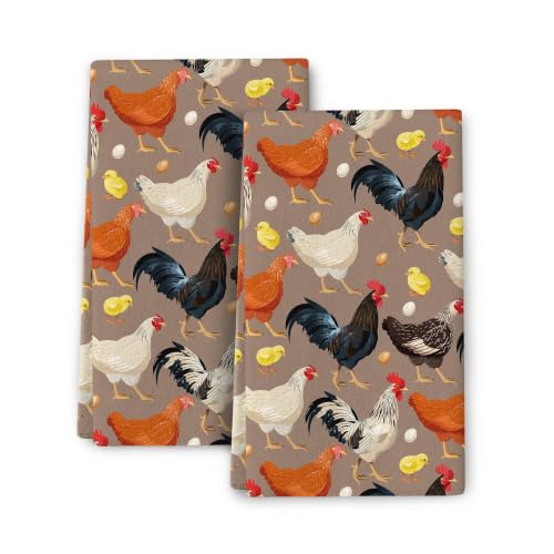 Rooster Chicken Kitchen Dish Towels Set of 2, Rooster Kitchen Decor | Absorbent Vintage Rustic Hand Tea Towel, Retro Farmhouse Cooking Baking Bar Bathroom Drying Cloth, Chicken Gifts for Women - color: Rooster Chicken