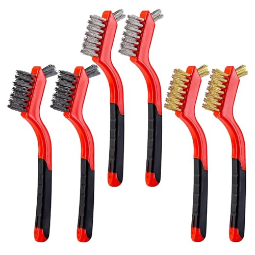 YiwerDer 6Pcs Mini Wire Brush Set, Stainless Steel/Brass/Nylon Bristles Wire Brushes, Curved Handle Soft Grip for Rust, Dirt & Paint Scrubbing with Deep Cleaning – 7 Inches (Red) - style: 6Pcs Red Mixed Brushed