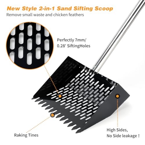 Rypet Chicken Poop Scooper & Rake 2-in-1, 36-74 in Stainless Steel Handle | 10-Inch Sifting Scoop, Sifting Holes with Side Rims, Long Handle Helps Reduce Bending, Rinses Clean, Wall Clip Storage