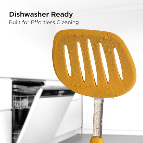 Kitchen Mama WaltzGrip Platinum Silicone Pancake Spatula Turner, Yellow | Heat-Resistant, Slotted Tapered Head, Stainless Steel Core, Durable and Dishwasher-Safe, For Flipping and Wok Use - color: Yellow