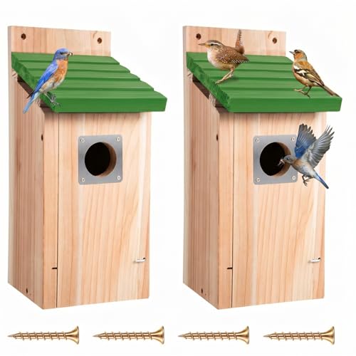 Dreyoo 2 Pack Bluebird Box Houses for Outside,1-1/2'' Entrance Hole Wooden Bird Houses with Metal Guard, Secure Latch,Fledgling Grooves,Air Vents for Bluebird Wren Swallow(Green Roof,Burnt Wood Body) - color: Green Roof,Burnt Wood Body
