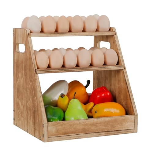 HAITRAL 3-Tier Wooden Egg Holder, Retractable Countertop Rack Hold 70 Egg | Farmhouse Egg Rack With Handle, for Fresh Chicken Egg, Duck Egg, Suitable for Home Kitchen