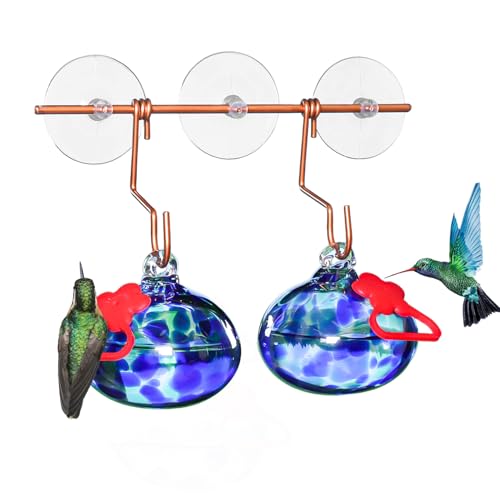 Pozfun Set of 2 Hummingbird Feeders for Outdoors Hanging,Hand-Blown Glass Hummingbird Feeder with Silicone Feeding Perch,Never Leak,Gardening Gifts for Woman Man(Red) - color: Dark Blue