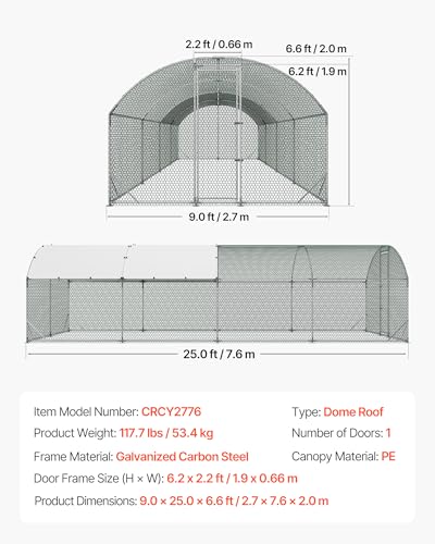 VEVOR Large Metal Chicken Coop, 9 x 25 x 6.6 ft, Walk-in Chicken Run House with Waterproof Cover & Sturdy Frame, Dome Roof Poultry Cage Duck Pen for Rabbit Hen Goose Outdoor Backyard Farm Use - size: 299.2"L x 106.3"W x 78.7"H