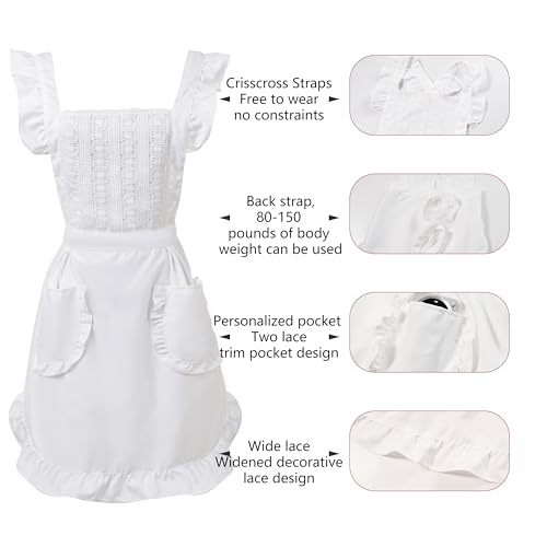 Cute Cotton Apron for Women, Adjustable Bib Cooking Kitchen Aprons with Pockets for BBQ Drawing Baking - color: White