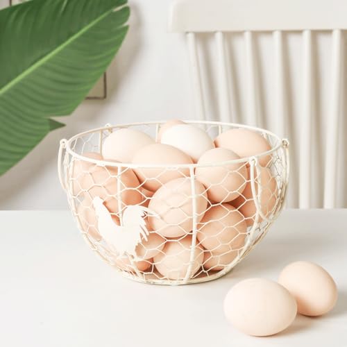 Farmhouse Fresh Eggs Collecting Basket With Handle，Vintage Style Metal Wire Eggs Holder Basket for Countertop Kitchen Storage Bin White - color: white