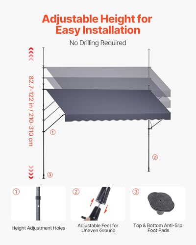 VEVOR Manual Retractable Awning, 138" x 59" Outdoor Patio Awnings Sunshade Shelter with 43"-59" Retractable Side Bar, No Drill Height Adjustable, Crank Handle for Backyard, Balcony, Dark Gray - size: 138x59 in