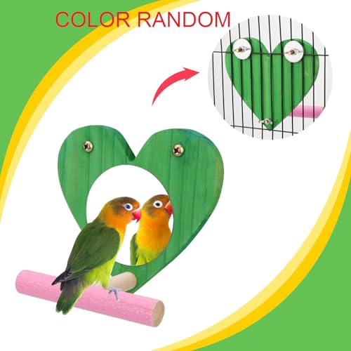Hypeety Bird Mirror Toy with Perch Cage Standing Perch Wood Toy for Parrots | Natural wooden perch included, clear acylic miror, for parakeet/cockatiel/finch/conure/lovebird, random color, heart shape - color: Heart Shape