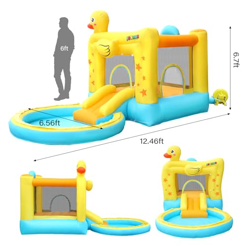 Bonnlo Inflatable Water Bounce House with Slide, Inflatable Water Slide with Sprayer and Pool, Duck Shaped Backyard Water Park for Kids Ages 3-10, Equipped with Blower, Heavy Duty