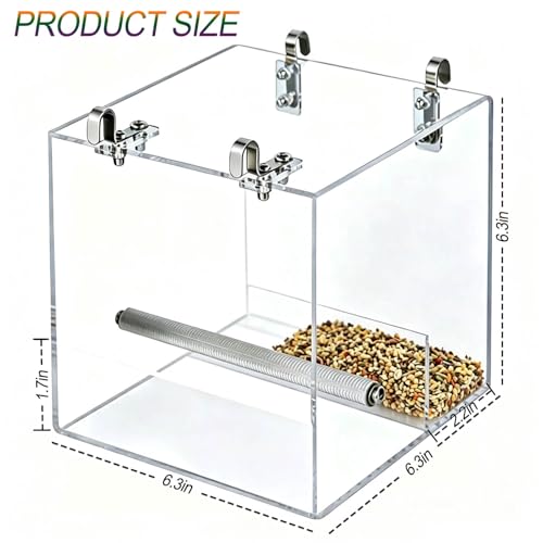 Hanging No Mess Bird Feeder for Cage, Transparent Acrylic Bird Feeder Cage | Bird Feeder Cage with Stainless Steel Hooks for Parrots, Canary, Budgerigar, Lovebird, Parakeet,Cockatiel - size: 6.3"L x 6.3"W x 6.3"H