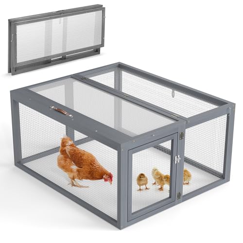 COZIWOW Chicken Coop Run Rabbit Hutch Portable Chicken Cage Pens, Gray | Wooden chicken brooder, Folding outdoor indoor small animal playpen, Top & side doors, UV-Proof panel, 4 garden stakes, 43.3" - color: Grey