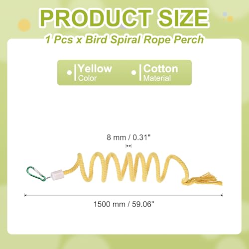 Bird Rope Perch Swing, Spiral Rope Perch Standing Pole Accessory Climbing Swing Paw Grinding 59 Inch, (Yellow) Intended for Parrot/Parakeet/Budgies/Cockatiels/Lovebirds - color: Yellow, size: 59 Inch