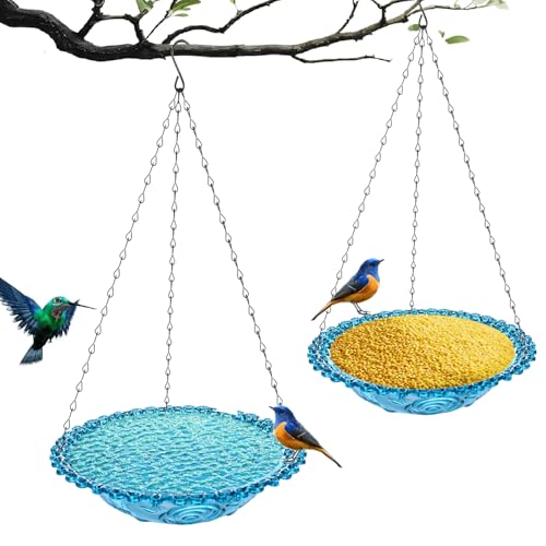 2-Pack Hanging Plastic Bird Bath and Feeder Bowls, Blue | Two hanging bowls serve as shallow bird baths, water dishes, or seed trays for gardens, patios, yards, and balconies. - color: Blue