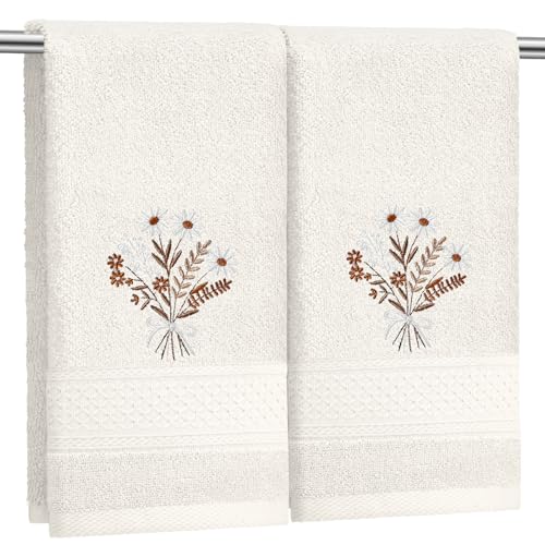 SmoothNovelty 2 Pcs Boho Flower Hand Towels for Bathroom Decor 14x29 Inch | Embroidered Wildflowers Bathroom Hand Towels, 100% Cotton, Soft Absorbent, Beige Boho Bathroom Kitchen Decor - style: Bohemian