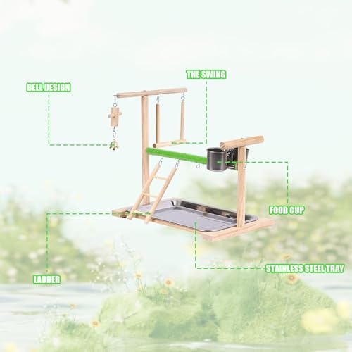 Bird Playground, Natural Wood Bird Perch Stand with Removable Tray and 2 Stainless Steel Feeder Cups, Parrot Playstand Bird Cage Toys for Conure Parakeet Cockatiel Parrot (C) - color: C