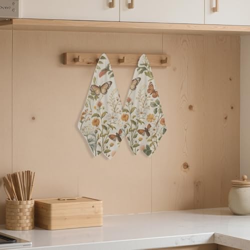 2 Pcs Flower Butterfly Kitchen Towels Decorative Hand Towels | Waffle Soft Tea Towel for Home, Bathroom, Absorbent Microfiber Dish Cloth, Housewarming Gifts for Women, Mom, Friend - color: Multi 1217