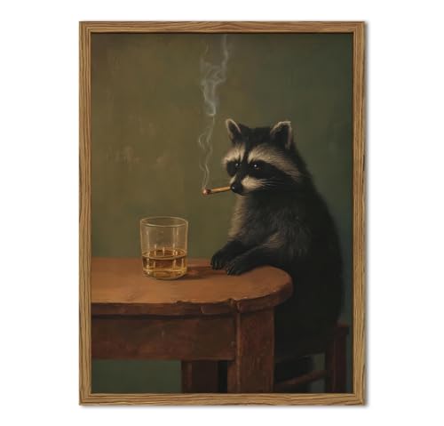 Whimsical Raccoon Wall Art Funny Raccoon Wall Decor Picture Dark Academia Animal Poster Canvas Painting Prints for Living Room Bar Bedroom 16x24 inch Wood Framed - color: Animal -R, size: 24"L x 16"W
