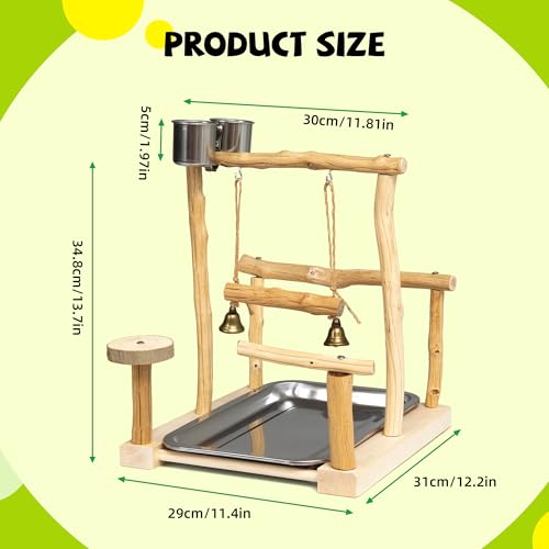 Natural Solid Wood Parrot Perch with Tray, Budgerigar Stand for Play, Rough Texture Bird Playground, High Hardness Nature Perch