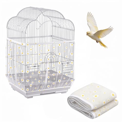 Trinkrittey Bird Cage Seed Catcher, Universal Bird Cage Seed Catcher Guard Adjustable Parrot Nylon Mesh Net Cover for Round Square Cages Parrot Parakeet African Macaw(Daisy-White, 15.7" x87")