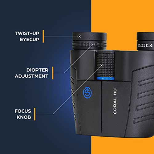 TSO Coral 10x25 Compact Binoculars with Eye Relief for Adults and Kids, Lightweight Rainproof Porro Prism Binoculars for Bird Watching, Hiking, Travel, Sightseeing, Sporting Events and Concerts