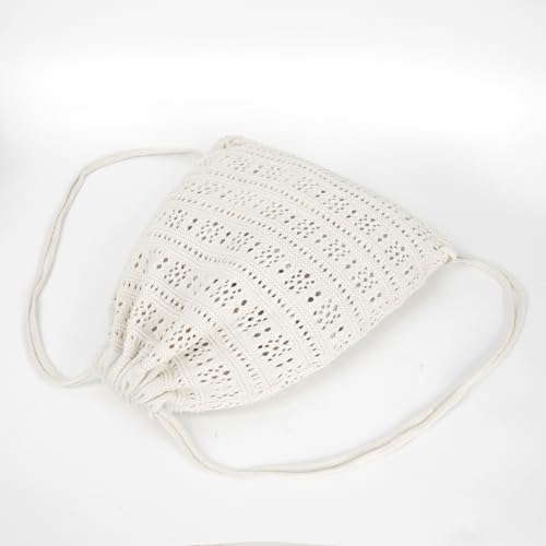 Lobagve Handmade Crochet Cotton Drawstring Backpack Boho Purse Leisure Daypack - color: Hollow Out-white