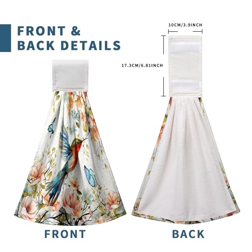 Floral Birds Hand Towels with Hanging Loops Garden Watercolor Floral Hummingbird Butterfly Hanging Kitchen Towels Set of 2 Spring Summer Soft Absorbent Bath Tie Towel Oven Stove Dish Washcloths - color: Floral Birds