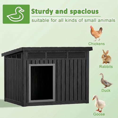 Vixzen Outdoor Duck House, PP Resin Material with Spacious Interior Poultry Shelter, Gas Strut Opening Top & Shutter Vents Chicken Coop for Easy Cleaning and Storage Use in Outdoor(Black) - color: Black, size: 32.2"L x 25.1"W x 24.1"H